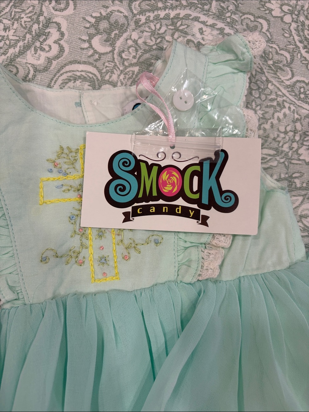 Mint Cross-Embroidered Baby One-Piece Bodysuit with Tulle Skirt - Picture 2 of 4